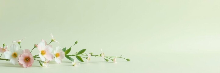 Obraz premium Pale green backdrop with artificial daisies in corner and empty space in middle, floral, pastel, calm