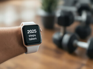 Tracking Fitness Progress: Smartwatch Displaying Steps Taken in Gym Setting