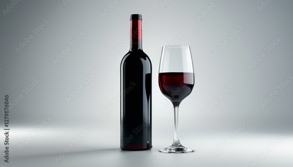 Poster clean background setup: red wine bottle and glass for product display