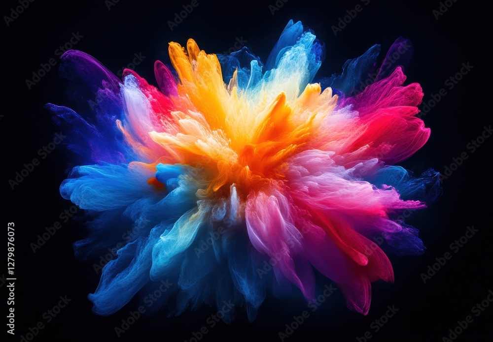 Poster vibrant explosion of colorful abstract art with flowing shapes and soft gradient in a dark backgroun