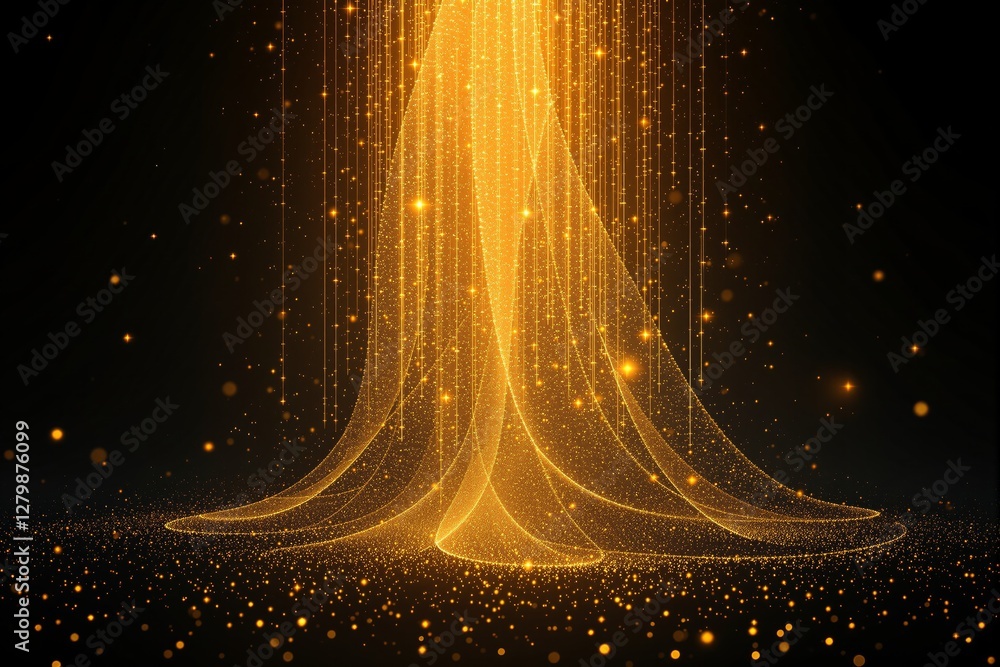 Poster shimmering golden light particles flow in cascading waves on a dark background, creating an elegant 