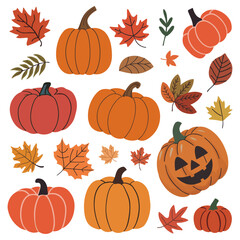 Vector collection of pumpkins and leaves with a Halloween autumn theme