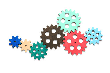 Wooden gears on white background