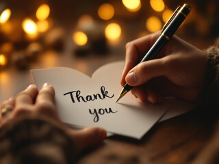 Writing "Thank You" on a Card in Warm, Cozy Light