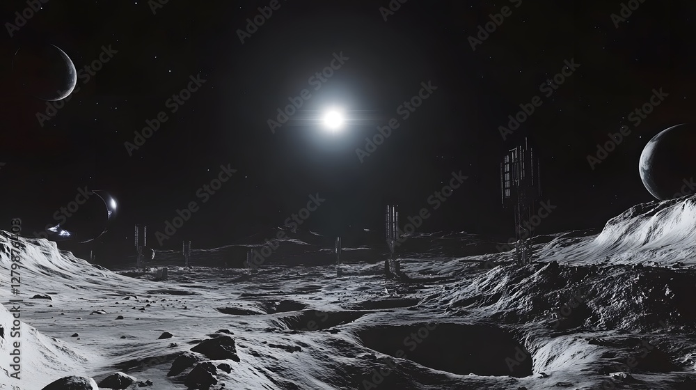 Poster a desolate lunar landscape under a bright star, featuring a few tall structures and craters. two cel