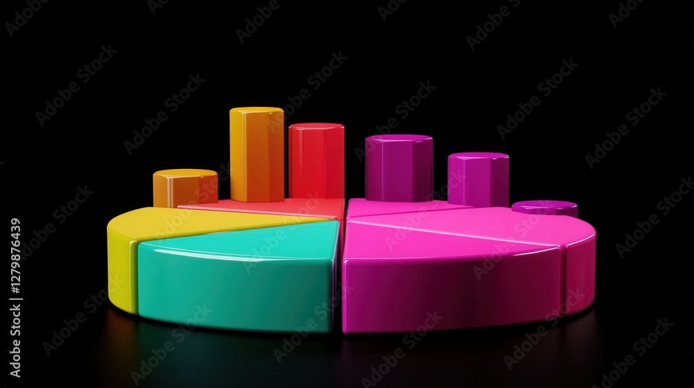 Poster colorful 3d pie chart and bar graph representing data analysis in a modern workspace