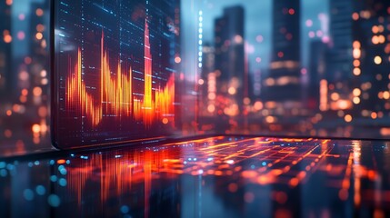 Fototapeta premium A dynamic stock market heatmap glowing on a high-resolution tablet screen, vibrant charts and indicators sharply displayed, set on a glass desk with soft reflections and a blurred office background,