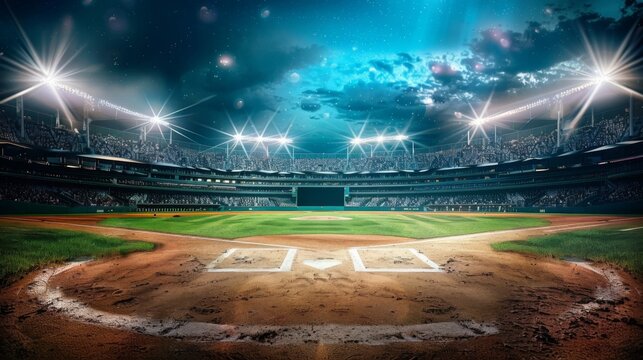 Outdoor Baseball Stadium with Illuminated Field
