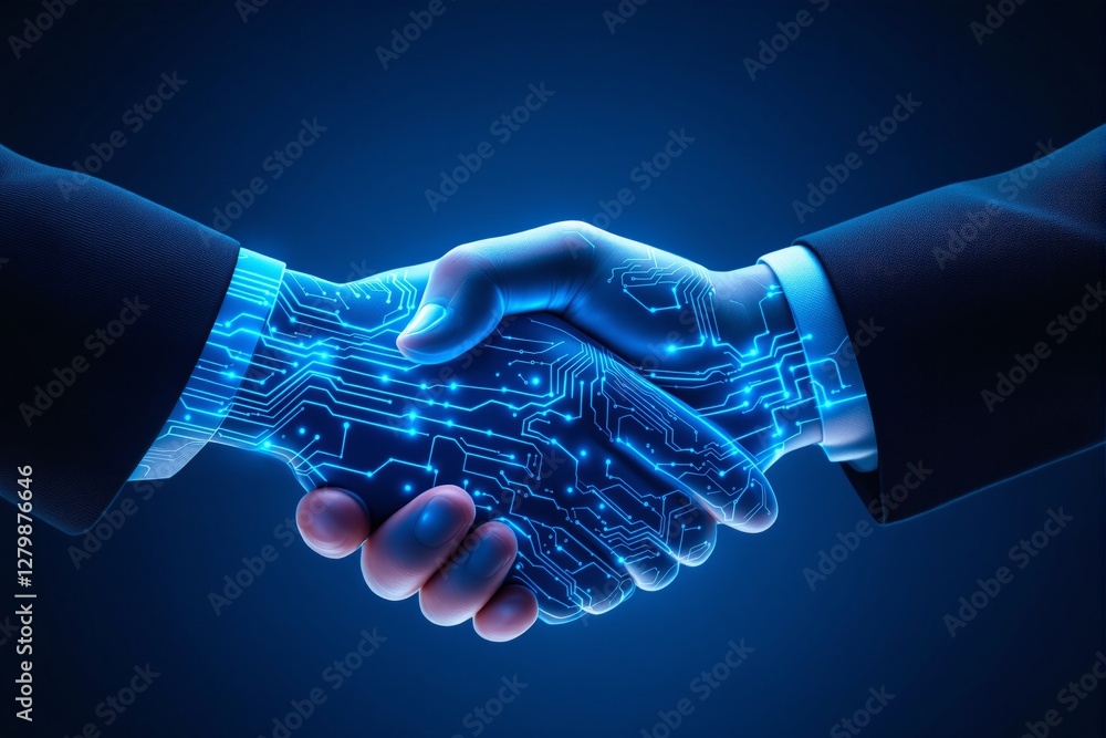 Poster digital handshake between human and ai with glowing circuit patterns on a dark blue background, symb
