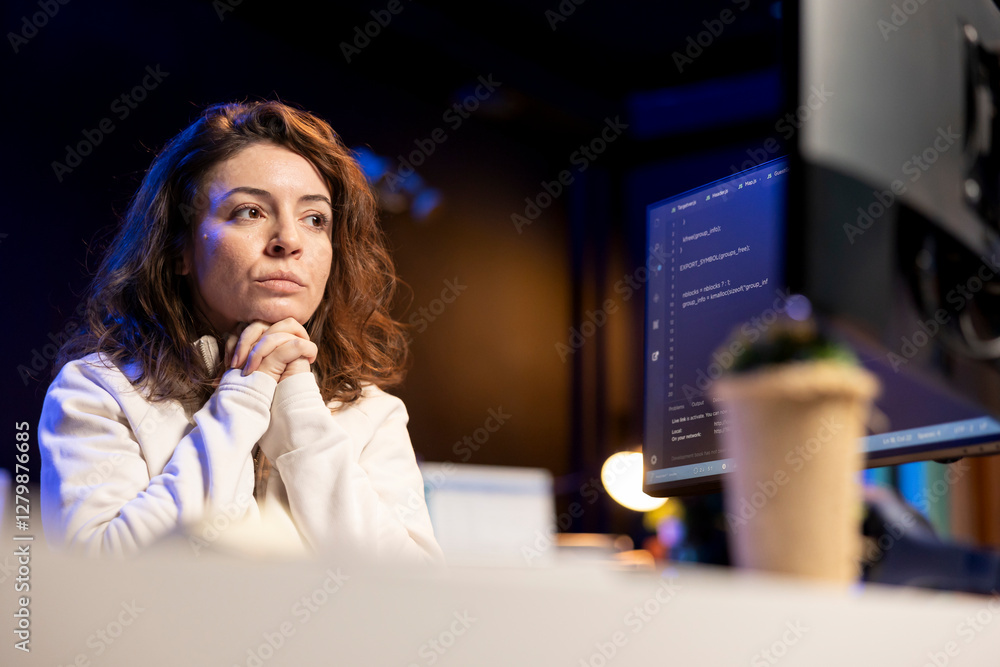 Poster pensive technician thinking how to design and develop software applications. contemplative it specia