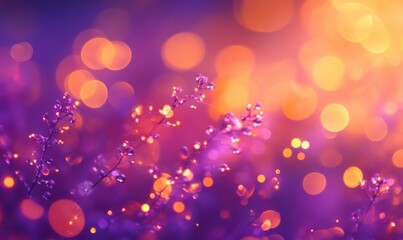 Vibrant Purple and Gold Background with Soft Bokeh Effects and Water Droplets on Delicate Flowers for Elegant Design and Presentation Needs