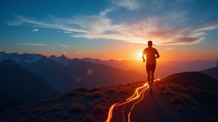 Fototapeta premium Lone runner silhouetted against stunning sunset on mountain trail, distant snowy peaks and clear sky add serenity. Golden hour light highlights determination, inspiring outdoor fitness.