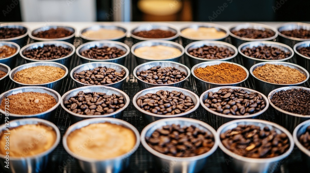 Poster a vibrant display of various coffee beans and grounds arranged in metallic cups on a counter