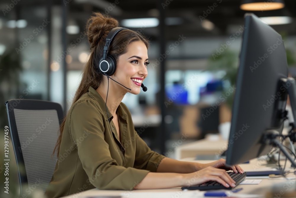 Poster woman in headset working on a computer in an office background. professional customer support or cal