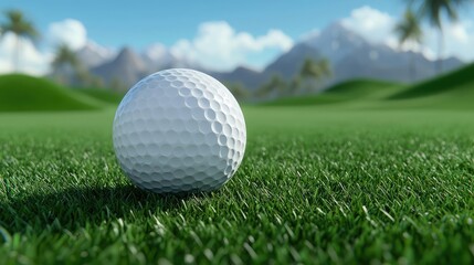 Obraz premium Golf ball on green, tropical mountains background, relaxing scene, stock photo