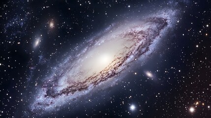Fototapeta premium A breathtaking view of a spiral galaxy amidst a sea of stars. The galaxy's swirling arms and bright core are strikingly detailed against the dark backdrop of space. Distant galaxies are also visible.
