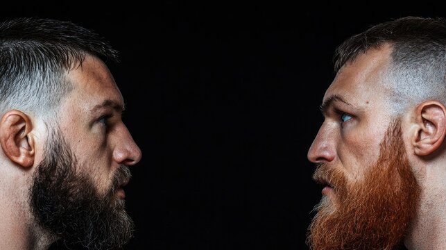 Two men with beards facing each other on black background.  Possible use  Sports,  men's health,  fitness