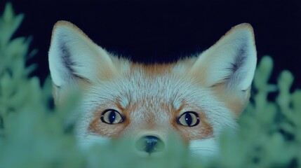 Fototapeta premium A close up portrait of a curious red fox peeking through the lush green foliage of a dense forest The fox s alert expression and keen eyes convey a sense of wonder and in its natural habitat