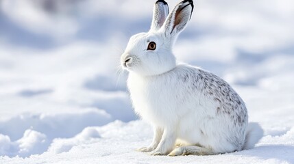 Obraz premium White Rabbit Sitting on Snowy Ground in Winter Landscape