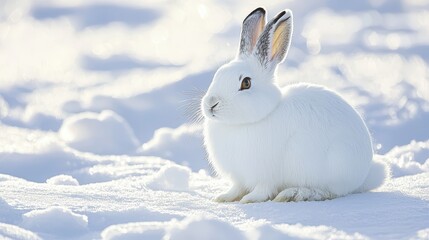 Snowy White Rabbit Sitting on Soft Snow in Winter Landscape