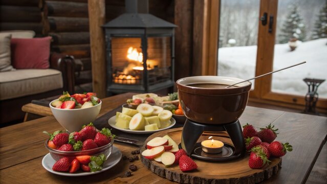 Cozy Chocolate Fondue: A heartwarming scene unfolds featuring a chocolate fondue set amidst an inviting log cabin setting, accompanied by fresh fruits, and a crackling fireplace.