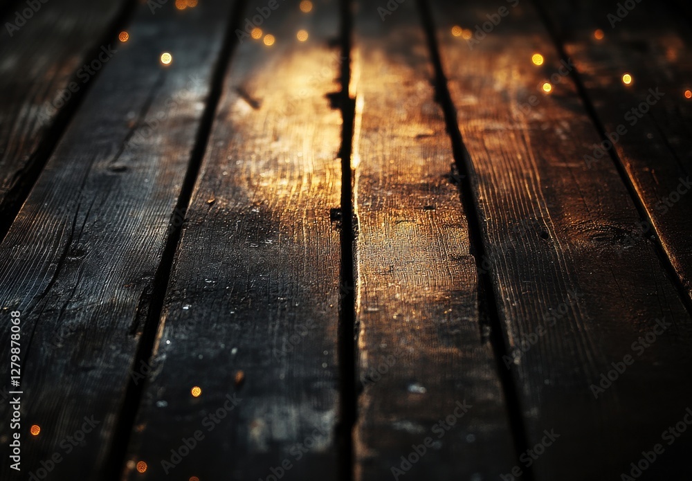 Poster warm glow on textured wooden surface with subtle bokeh lights in the background creating a cozy and 