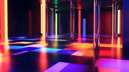 Colorful dance floor with vibrant lights and reflective surfaces creating a dynamic atmosphere in a nightclub setting