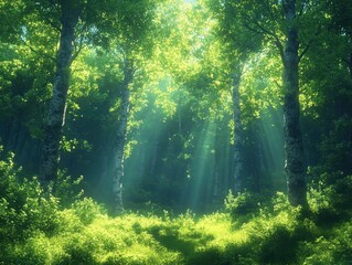 Fototapeta premium Sunbeams Illuminate Lush Forest Floor, Creating Magical Atmosphere