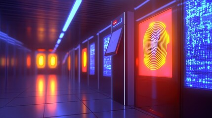 Futuristic Data Center Interior with Neon Lighting and Security Features