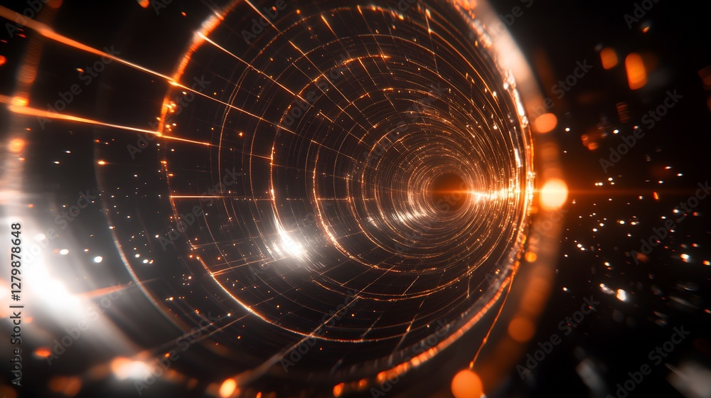 Poster abstract digital art depicting a glowing orange and white tunnel with concentric circles and bright 