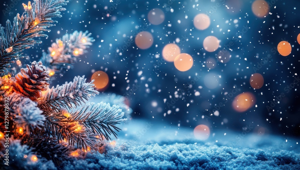 Poster winter wonderland scene with snowfall and glowing lights on evergreen branches in a dreamy backgroun