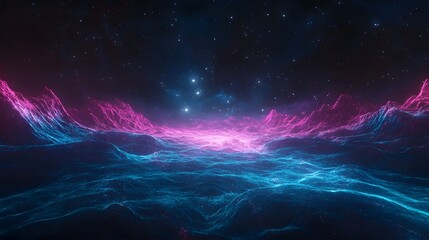 Neon pink and blue glowing mountains under a starry night sky.  Abstract digital landscape with a futuristic, otherworldly feel. Perfect for sci-fi or fantasy projects.