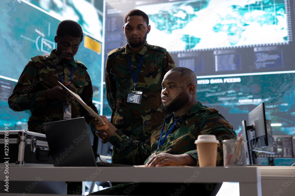 Poster army personnel collecting real time information and processing details for a new field operation, hi