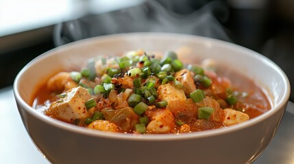 Freshly Served Hot Soup with Garnish in a White Bowl