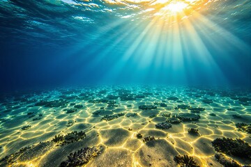 Fototapeta premium Underwater scene with sun rays penetrating the ocean, casting glowing patterns on the sandy seabed with coral formations. Tranquil marine background, concept of ocean beauty. Ai generative