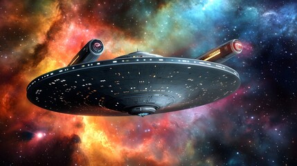 Obraz premium A futuristic starship soars through a vibrant nebula, its warp nacelles glowing brightly against the cosmic backdrop of swirling colors and distant stars.