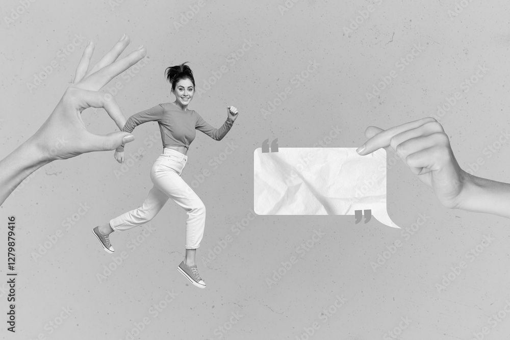 Aufkleber composite collage image of arms fingers hold mini running excited girl empty space dialogue bubble i