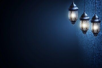 banner blue Ornate Islamic hanging lamps glow with golden light on a gradient emerald-green-to-gold background, perfect for festive Ramadan messages and designs