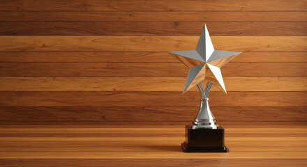A sleek silver star trophy placed on a bright wooden background, ideal for showcasing awards, achievements, and recognition. Perfect for marketing, presentations, and motivational content. 