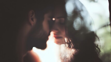 A tender and sensual couple locked in a passionate embrace their forms silhouetted against a warm glowing backdrop creating an intimate moody and captivating scene of romantic connection