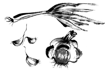 Garlic and green onions using calligraphy