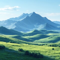 Naklejka premium Serene mountain range and lush green valley landscape under a clear sky.