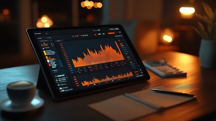 A realistic stock market heatmap glowing on a tablet screen, clear sector data displayed vividly, set on a modern desk in a professional office with a cup of coffee and a stylus,