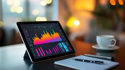 A sleek tablet displaying a vibrant stock heatmap app, surrounded by office tools like a notepad, pen, and a cup of coffee, with a professional workspace blurred in the background, cinematic focus,