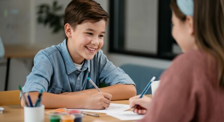 A boy and girl are sitting at a table with pencils and crayons