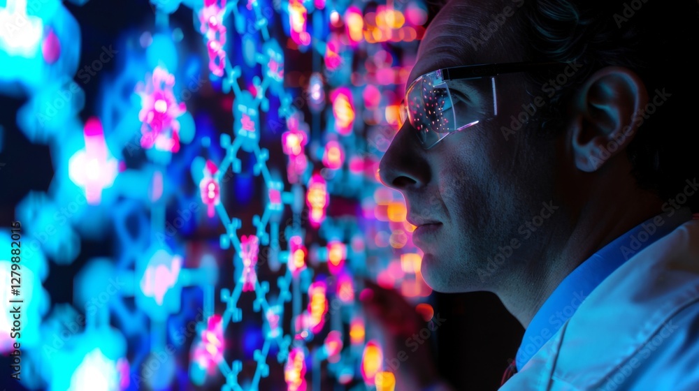 Poster A scientist examines vibrant molecular structures illuminated by digital displays, showcasing intricate patterns and colors in a high tech lab, suggesting advanced research activities.