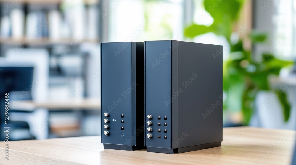 Poster modern desktop computer cases with minimalist design on wooden surface in bright office environment