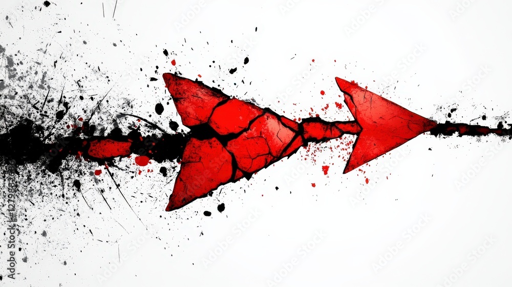 Poster abstract red arrow design with cracked texture and splashes on a white background