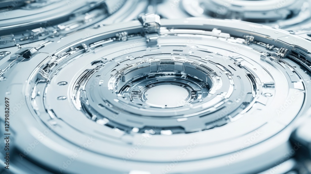 Poster abstract close-up of circular metallic structures with intricate patterns and reflections