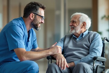 Male nurse in blue scrubs interacting with an elderly man in a wheelchair on a warm indoor background. Concept of healthcare, caregiving, and support. Ai generative